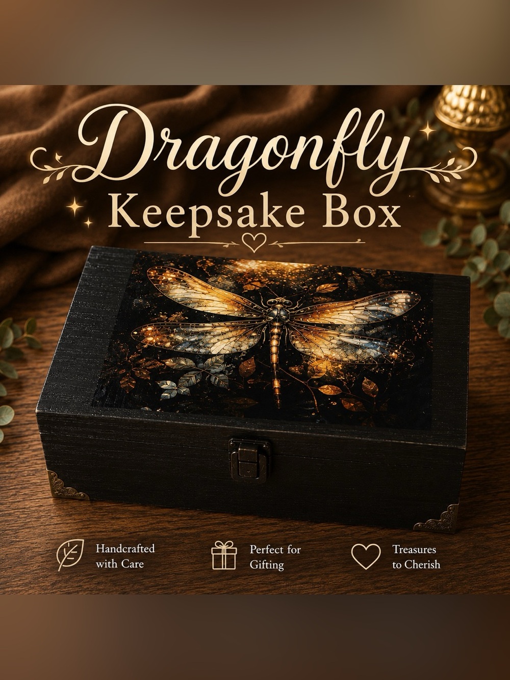 Dragonfly Keepsake Box by - Black and Gold Accent